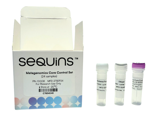 Sequins Metagenomics Core Control Set with a box and vials on a white background