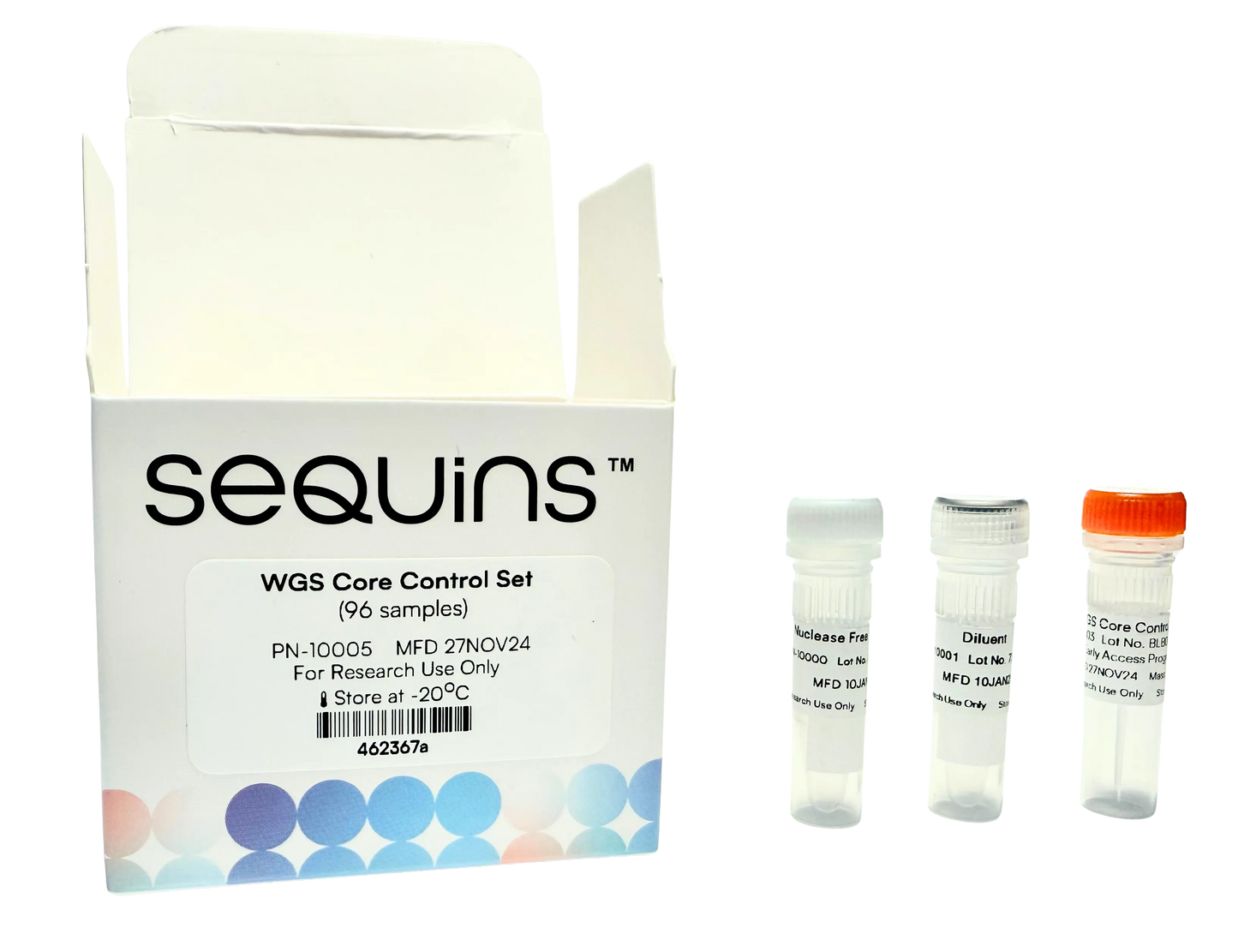 Sequins WGS Core Control Set with a box and vials on a white background