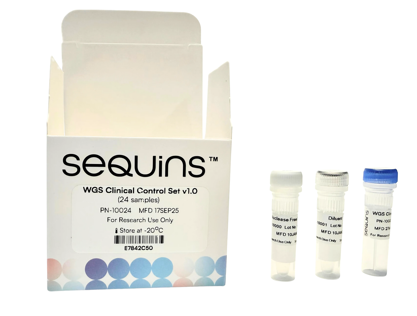 Sequins WGS Clinical Control Set v1.0 with packaging and test tubes on a white background