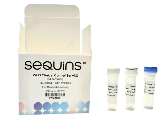 Sequins WGS Clinical Control Set v1.0 with packaging and test tubes on a white background