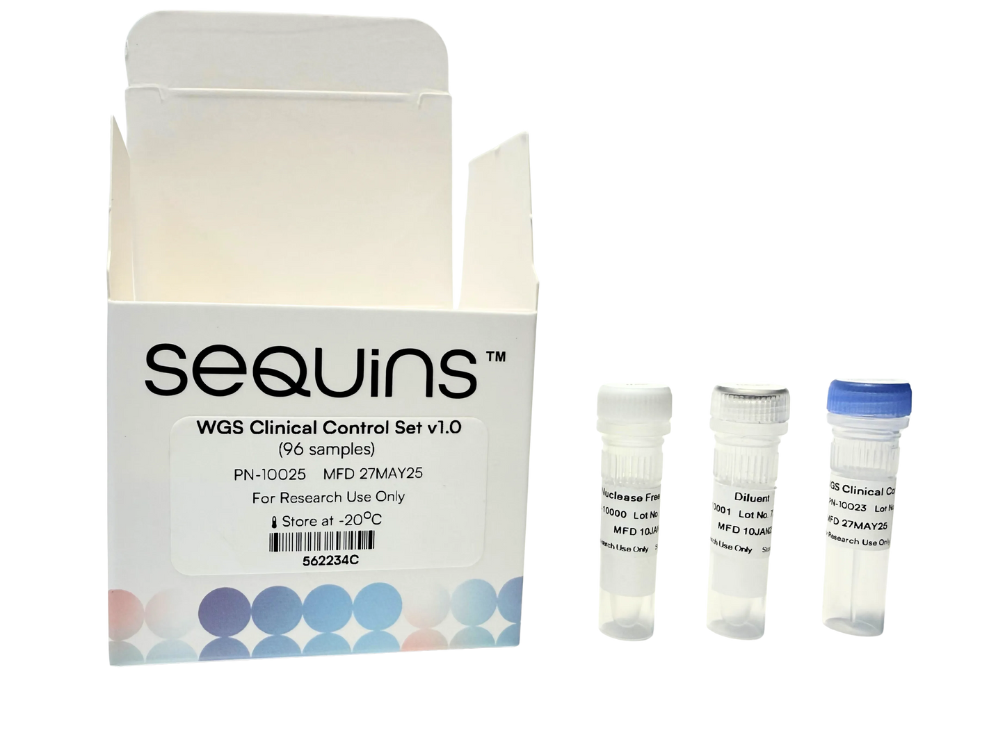 Sequins WGS Clinical Control Set v1.0 packaging with test tubes on a white background